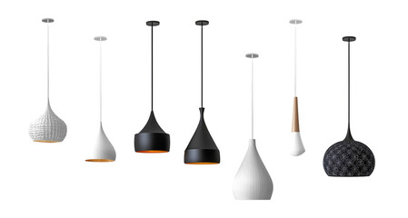 Collection of stylish modern pendant lights with various shapes and colors, suspended against white background.