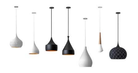 Collection of stylish modern pendant lights with various shapes and colors, suspended against white background.