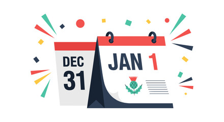 The calendar pages turn from December 31 to January 1 for Hogmanay. 