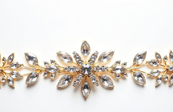 Luxury crystal chain trimming with rhinestones for crafts. Gold metal chain with clear gemstones in floral pattern. Isolated on white background. Fancy decoration for jewellery, fashion accessories.