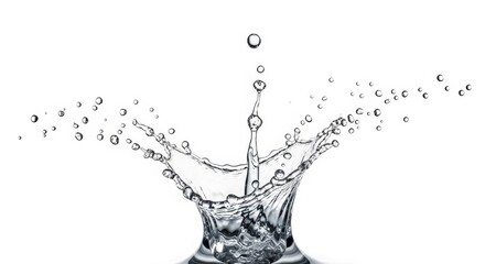 Dynamic close-up of clear water splash frozen in motion, white background, freshness and purity concept