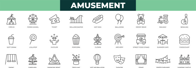 Amusement park minimal thin line icon set with roller coasters, elephant, excitement,star, ticket, admission, booklet,  invitation, magic, map, and fun symbols for web and app design.