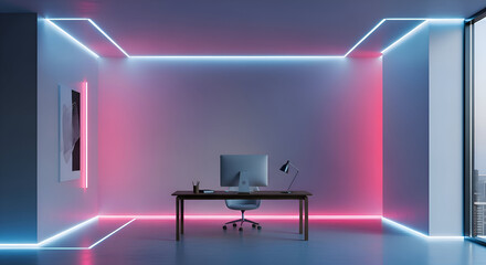 Modern office space with vibrant neon lighting, perfect for creative work and innovative business ideas, showcasing a sleek workspace design
