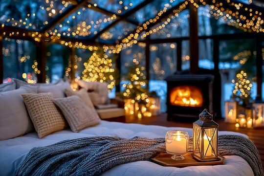 Ambiente acogedor de celebraci&oacute;n navide&ntilde;a y de fin de a&ntilde;o con luces brillantes y chimenea