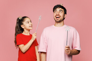 Young happy fun parent man with child girl wearing red casual clothes diadem. Daddy little kid...