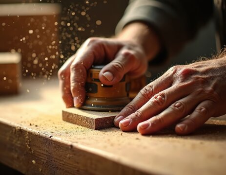 Carpenter sanding wood block in workshop. Man uses electric sander for woodworking craft. Person does carpentry at workplace. Craftsmanship process with timber and tools.