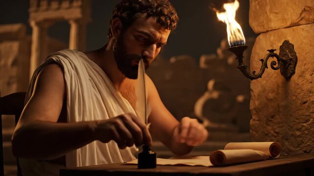 Historical Scholar Writing in Ancient Library at Dusk