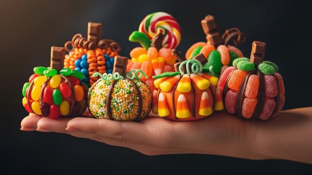 A hand holds several colorful edible pumpkins decorated with candies against a dark background