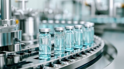 Sterile glass vials on automated conveyor belt during liquid medicine production in pharmaceutical facility