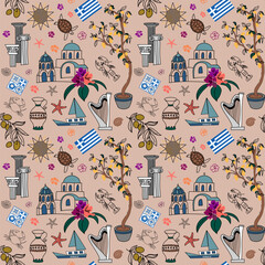 Vector seamless pattern with Greek columns, olives, lemons, amphorae, sea life, and floral motifs. Inspired by Mediterranean summer. Great for textiles, wrapping, and souvenirs.