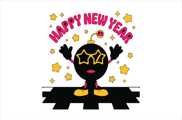 A black cartoon character celebrates the new year with stars