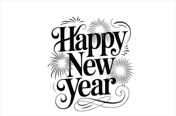 Elegant calligraphy design featuring the words happy new year with fireworks