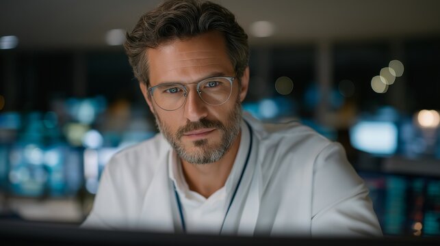 Hospital IT specialist monitoring cybersecurity for electronic medical records, showing concentrated focus and pride, symbolizing patient data protection, medical privacy, AI-powered security