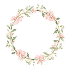 A delicate watercolor floral wreath featuring soft pink flowers and green leaves arranged in a circular pattern, set against a white background. The design presents a light, airy feel with pastel tone