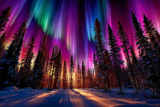 Celebraci&oacute;n de Navidad y A&ntilde;o Nuevo en un paisaje m&aacute;gico con auroras boreales y nieve