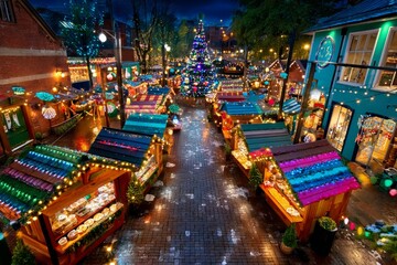 Naklejka premium Celebración de Navidad y Año Nuevo en un mercado iluminado lleno de decoraciones festivas