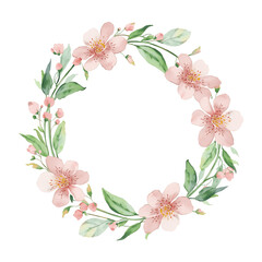 A delicate watercolor floral wreath featuring soft pink flowers and green leaves arranged in a circular pattern, set against a white background. The design presents a light, airy feel with pastel tone