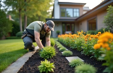Man plants bushes in garden near house. Gardener works in backyard on landscape design. Person takes care of plants in the yard in summer day. Landscaping concept. Residential greenery care.