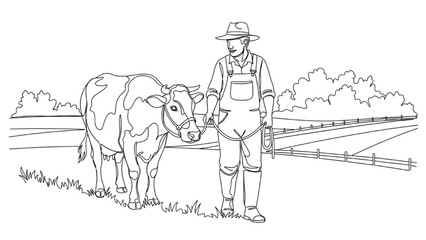 Farmer leading cow continuous black line art, rural field simplicity and effort minimalist vector illustration on white background
