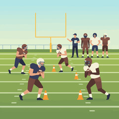 Training and Practice Session
players training on field with cones and footballs, coach instructing in background,
