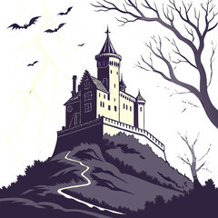 Obraz premium Gothic Haunted Castle Vector Illustration – Creepy Halloween Background with Bats, Scary Trees, and Lightning