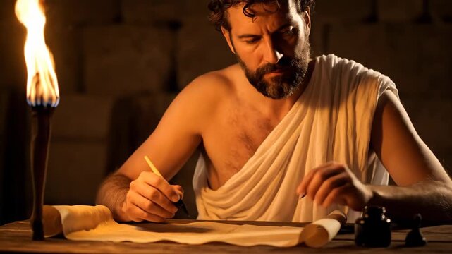 Scholar in Ancient Garb Writing on Scroll by Candlelight at Night