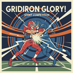 American Football Tackle Scene, Retro style Two players colliding in dynamic action pose © WealthyMinion