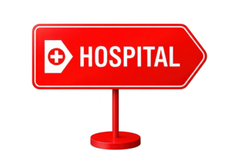Hospital directional sign with red and white color on a black background