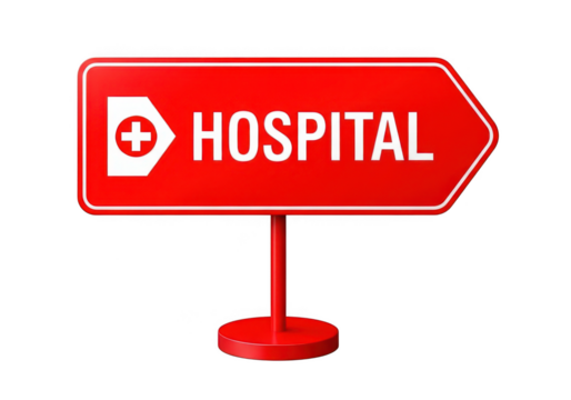 Hospital directional sign with red and white color on a black background