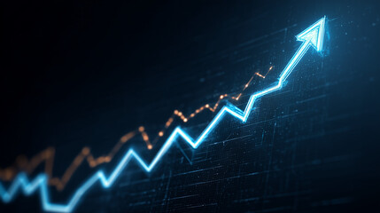 Gráfico com seta para cima simboliza crescimento financeiro, bons resultados, avanço empresarial, metas atingidas e evolução constante em cenário econômico positivo