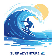 Surfing Adventure

vector flat illustration of surfer riding big ocean wave, dynamic motion lines,