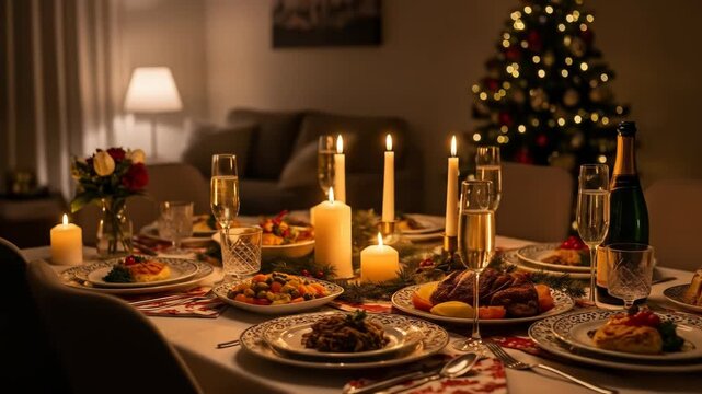 A warmly lit Christmas dinner table, set with food, champagne, candles, and a tree