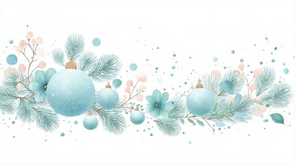 Elegant Pastel Holiday Border with Winter Greenery and Baubles for Christmas Decor. Christmas and New Year Garland