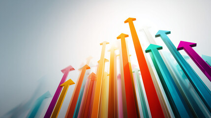 Setas coloridas em ascensão sobre fundo claro representam progresso estratégico, crescimento sustentável, bons resultados e sucesso no ambiente corporativo