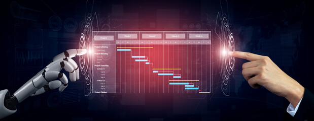 A dynamic representation of human and robotic interaction over a digital Gantt chart, symbolizing the synergy between technology and project management. Tessel