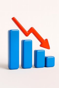 3d blue bar graph showing a downward trend with a red arrow isolated on white background