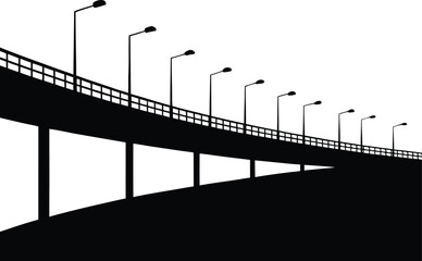 Perspective view of elevated highway with streetlights silhouette vector illustration