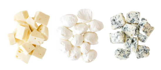 Piles of Swiss, Mozzarella, and Blue Cheese Side by Side Overhead on Transparent Background