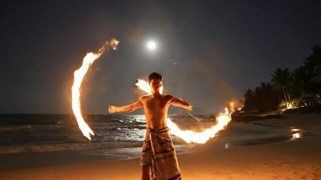 Fire Performer Twirling Torches at Night on a Beach