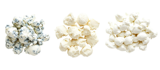 Piles of Swiss, Mozzarella, and Blue Cheese Side by Side Overhead on Transparent Background