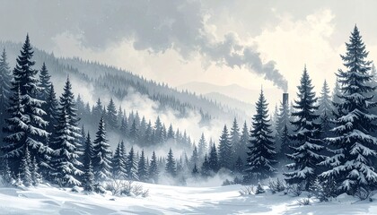 Fototapeta premium Snowy landscape with a cabin and smoke