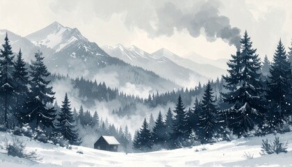 Snowy landscape with a cabin and smoke