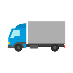 Blue and gray flat design delivery truck icon, representing logistics, shipping, and cargo transportation services