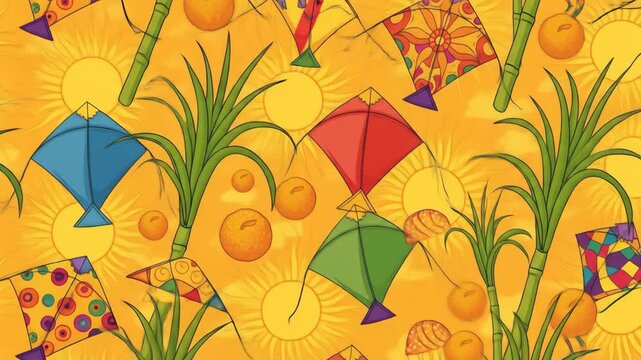 Vibrant Seamless Pattern Depicting Makar Sankranti Festival with Kites, Sugarcane, and Sweets on a Sunny Yellow Background