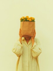 Woman holding a brown paper bag with yellow flowers in front of her face, hiding her identity, wearing a beige shirt, posing against a light yellow background