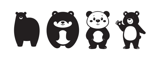 Group four cartoon bears, including panda, standing together on, with one bear waving hello