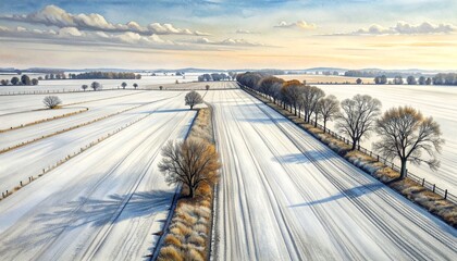 Snow-covered fields with trees and cloudy sky