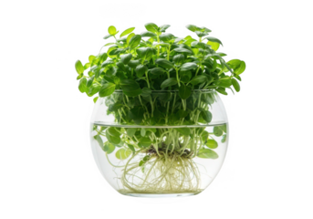 Vibrant green sprouts bursting with life in a clear glass vase showcasing intricate root systems