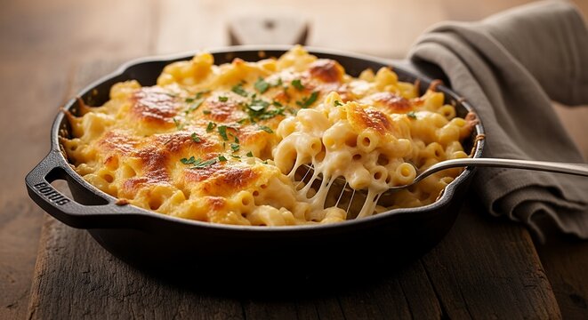 Close-up of baked macaroni and cheese with parsley in cast iron skillet served on wooden table, concept for comfort food promotion, restaurant menu and family dinner ideas