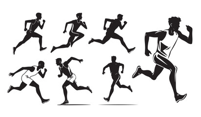 Collection runner silhouettes in various dynamic poses, isolated on, showcasing athletic movement and speed in graphic style